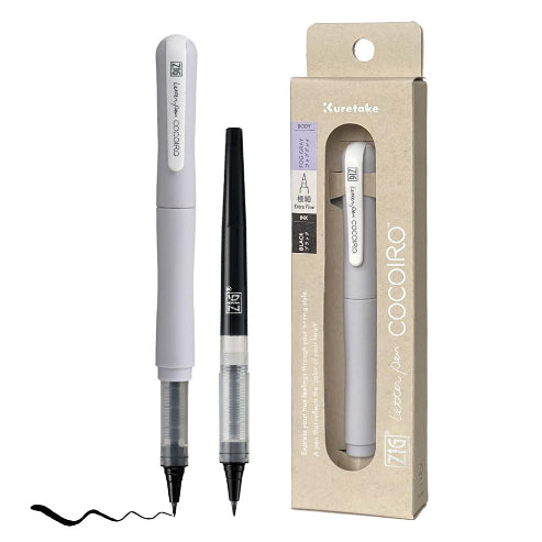 Zig Letter Pen COCOIRO, Fog Gray Body with Black Ink Refill Set, Flexible Extra Fine Brush Tip, Refillable marking Pen for Calligraphy, Hand Lettering, Made in Japan