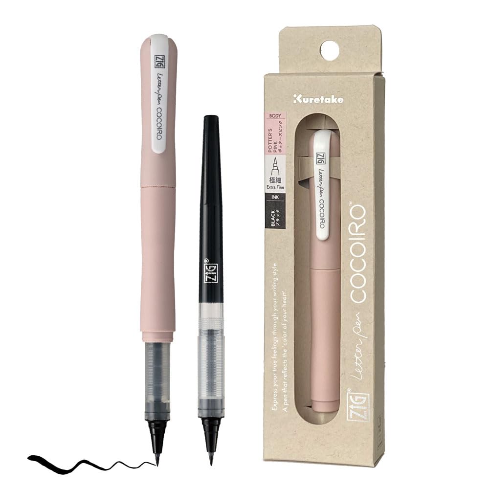 Zig Letter Pen COCOIRO, Potter's Pink Body with Black Ink Refill Set, Flexible Extra Fine Brush Tip, Refillable marking Pen for Calligraphy, Hand Lettering, Made in Japan