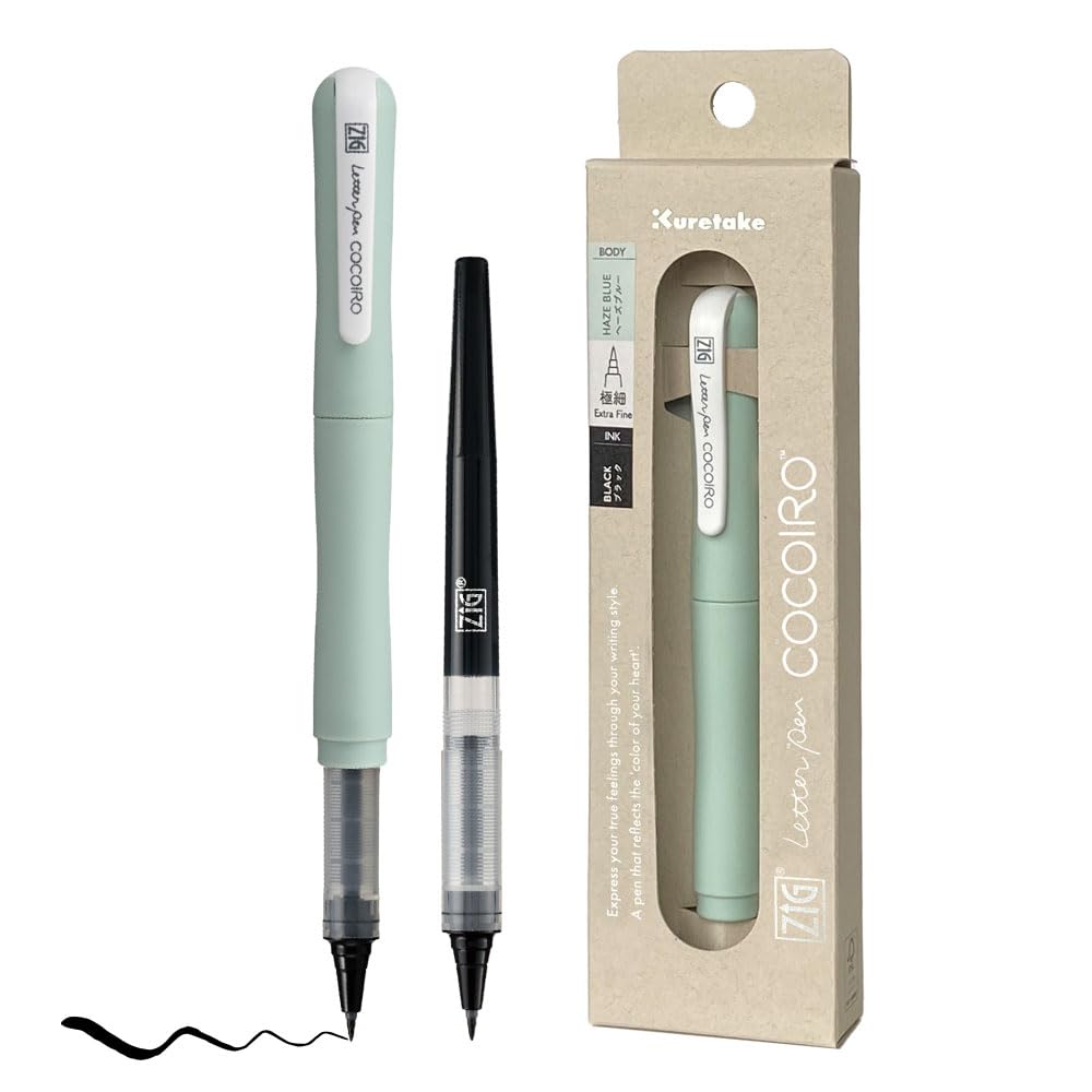 Zig Letter Pen COCOIRO, Haze Blue Body with Black Ink Refill Set, Flexible Extra Fine Brush Tip, Refillable marking Pen for Calligraphy, Hand Lettering, Made in Japan