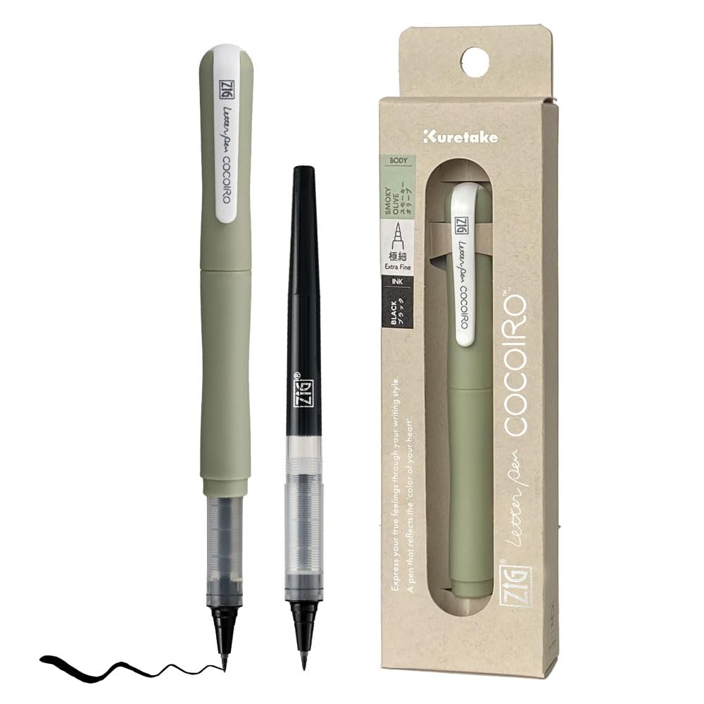 Zig Letter Pen COCOIRO, Smoky Olive Body with Black Ink Refill Set, Flexible Extra Fine Brush Tip, Refillable marking Pen for Calligraphy, Hand Lettering, Made in Japan