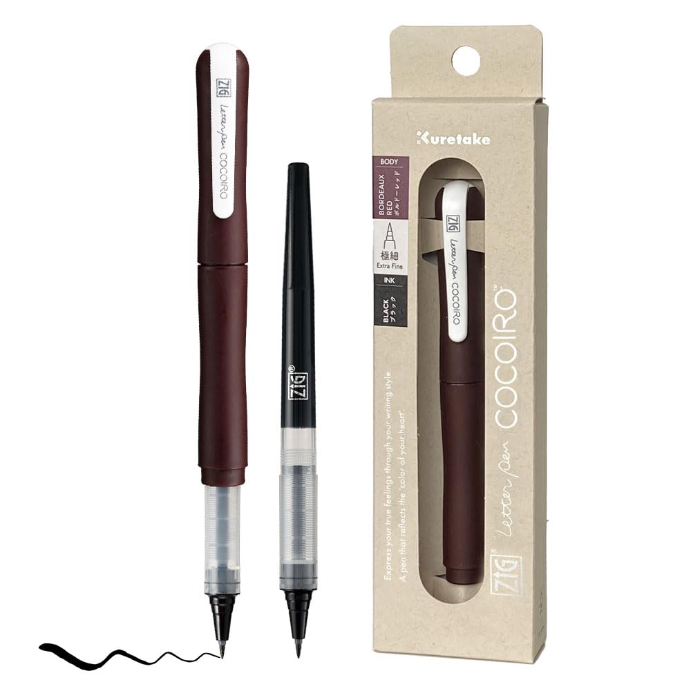 Zig Letter Pen COCOIRO, Bordeaux Red Body with Black Ink Refill Set, Flexible Extra Fine Brush Tip, Refillable marking Pen for Calligraphy, Hand Lettering, Made in Japan