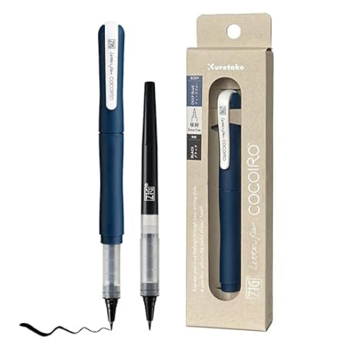 Zig Letter Pen COCOIRO, Deep Blue Body with Black Ink Refill Set, Flexible Extra Fine Brush Tip, Refillable marking Pen for Calligraphy, Hand Lettering, Made in Japan