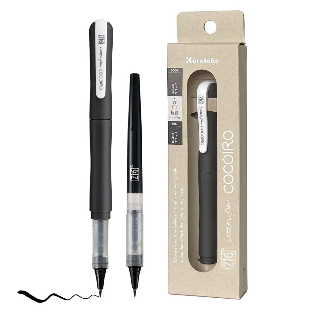 Zig Letter Pen COCOIRO,Black Body with Black Ink Refill Set, Flexible Extra Fine Brush Tip, Refillable marking Pen for Calligraphy, Hand Lettering, Made in Japan