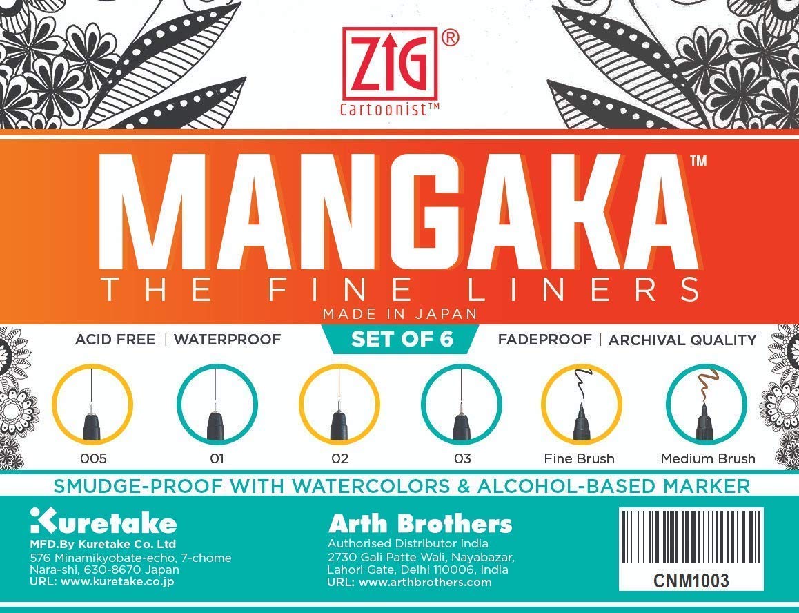 ZIG KURETAKE Cartoonist MANGAKA The FINE Liners Set of 6 PENS 005,01,02,03,05,08 Made in Japan