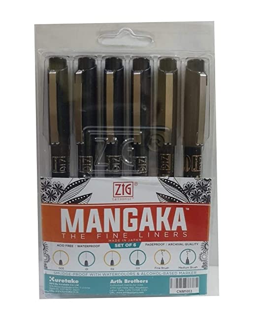 ZIG KURETAKE Cartoonist MANGAKA The FINE Liners Set of 6 PENS 005,01,02,03,05,08 Made in Japan
