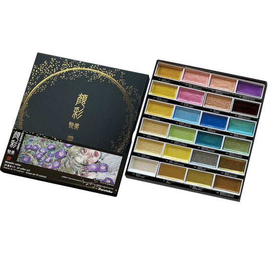 Zig Kuretake Gansai Tambi Iridescent Metallic Watercolor Paint Set – 24 Shimmer Colors | Professional Grade, Large Pans, Water-Based Pigment for Illustration, Calligraphy & Art | Made in Japan