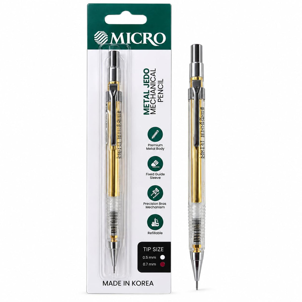 MICRO Metal JEDO 0.7 mm Mechanical Pencil, Gold Finish, Pack of 2 for Writing, Sketching, Note Taking and Office Use, Made in Korea