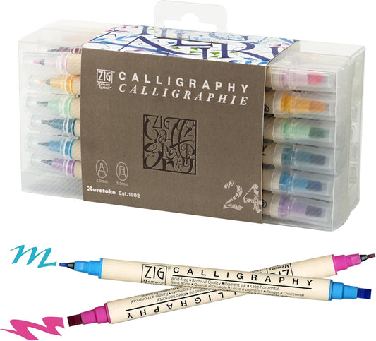 Zig Kuretake Calligraphy Dual Tip Marker Pens 24 colors set, 2mm, 5mm, Double Tip, for Art, Sketch, illustration, Calligraphy, Journal, Drawing, Made in Japan