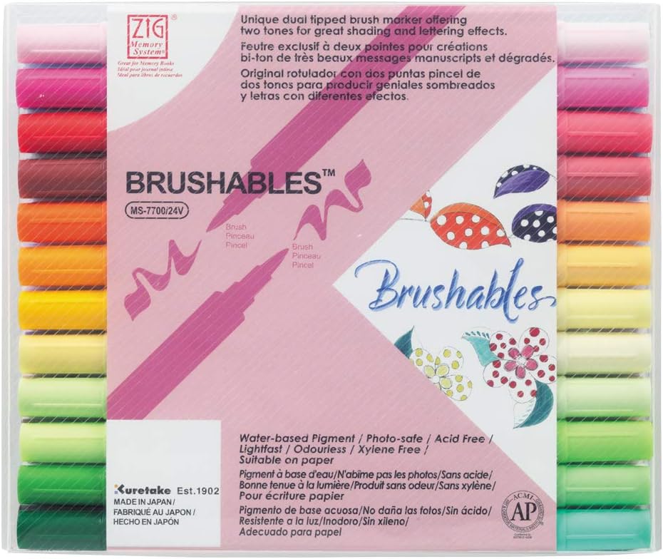 Zig BRUSHABLES 24 COLOURS set,MS-7700/24V CALLIGRAPHY MARKER PEN, Twin brush tips,Waterproof when dry, No mess,Photo-Safe,Acid Free,Lightfast,Odourless,Xylene Freeing,Archival Quality,Made in Japan