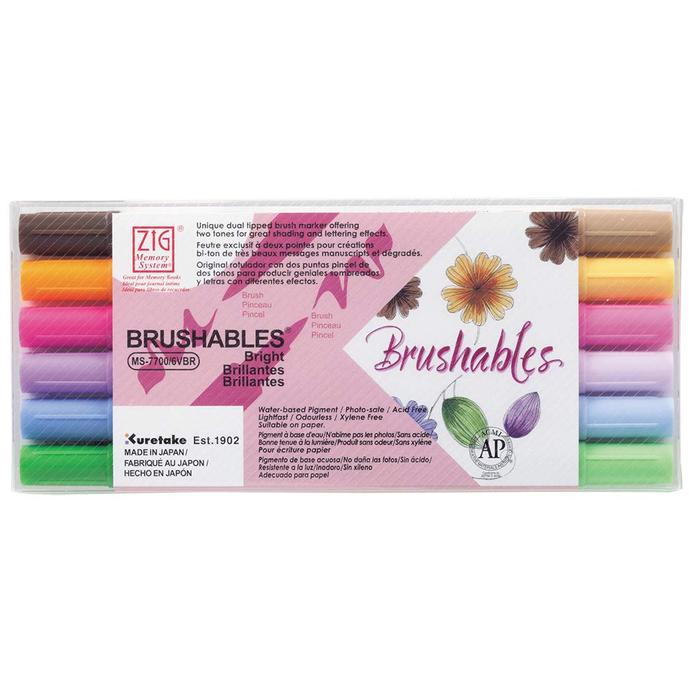 Zig Kuretake Memory System Brushables Waterproof/Archival Quality/Twin Brush Tips MS-7700/6VBR Professional-Quarity, for Lettering, Calligraphy, Illustration, Art, Sketch, Made in Japan