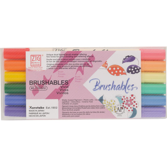Zig KURETAKE MEMORY SYSTEM BRUSHABLES 6 VIVID Colors set Waterproof/Archival Quality/Ideal for Scrapbooking and other crafts/Twin brush tips MS-7700/6VVI MADE IN JAPAN