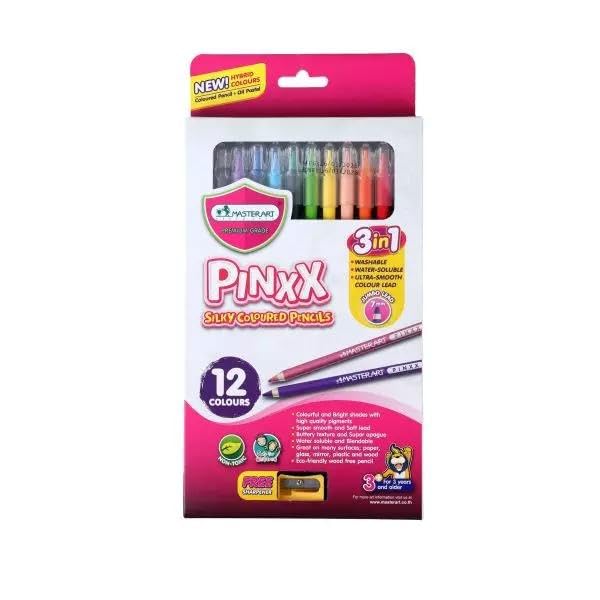 MASTERART PINXX 3 in 1 Silky Hybrid Coloured Pencils Set – 12 Bright Shades with Sharpener | Washable, Water-Soluble & Smooth Colour Lead | Non-Toxic Colouring Pencils for Kids & Artists
