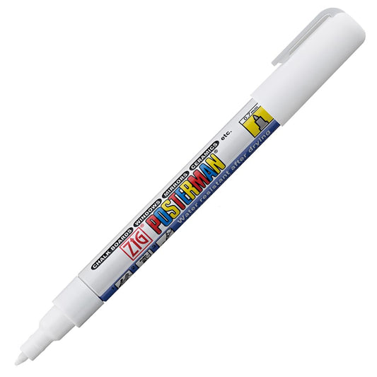Zig KURETAKE Posterman Waterproof Chalk Marker (PMA-10A) White 0.7mm Extra Fine Tip Water resistant after drying, Hi-Opaque, No mess,Odourless, Xylene Free, Professional Quality.MADE IN JAPAN