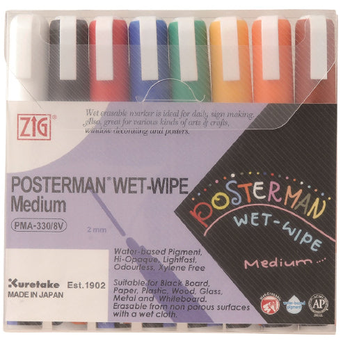 ZIG POSTERMAN WET-WIPE Medium 8 colors set