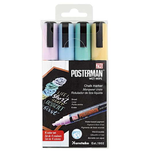 ZIG Posterman Wet-Wipe Broad Tip Chalk Marker Set – 4 Vibrant Colors PMA-550/4VC for Glass, Whiteboards, Chalkboards, Mirrors, and Non-Porous Surfaces Made In Japan