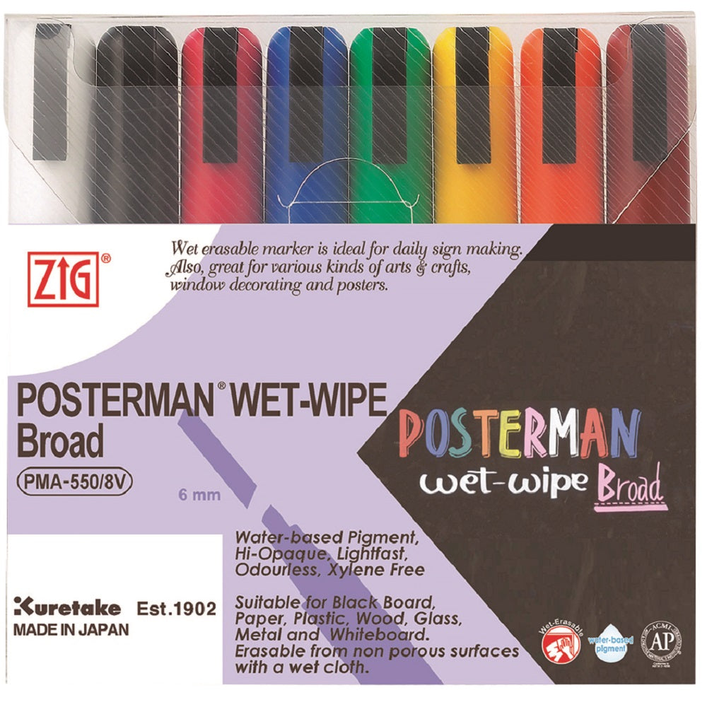 ZIG POSTERMAN WET-WIPE Broad 8 colors set