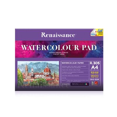 Renaissance Watercolor Pad R-305 (Size: 297 x 210 mm A4) Rough & Smooth Surface Watercolour Paper from Fabriano Italy 15 Sheets 200 GSM for Art Painting,Drawing Perfect for Artist and Beginners