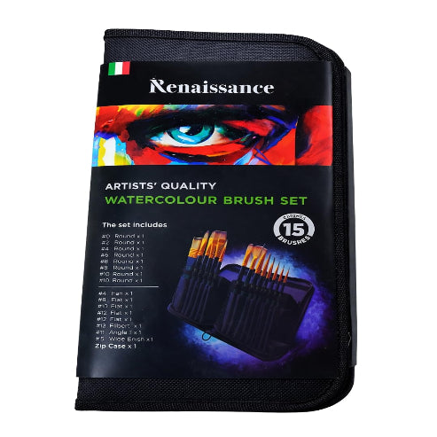 Renaissance Artists’ Quality Watercolour Brush Set | 15 Brushes with Zip Case | Round, Flat, Filbert, Fan & Angle Brushes | Ideal for Watercolour, Acrylic & Art Painting | Made in Thailand