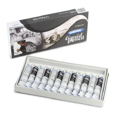 DERIVAN PARMANENT & REWETTABLE LIQUID PENCIL SET  (Set of 12, BLUE, RED, SEPIA, YELLOW, GREY 3,GREY 9)