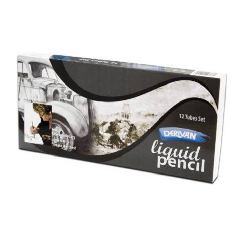 DERIVAN PARMANENT & REWETTABLE LIQUID PENCIL SET  (Set of 12, BLUE, RED, SEPIA, YELLOW, GREY 3,GREY 9)