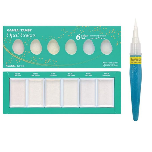 KURETAKE GANSAI TAMBI ”Opal Colors” 6 colors set WITH ZIG WATERCOLOR SYSTEM BRUSH2O Petit COMBO SET