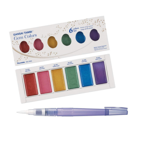 KURETAKE GANSAI TAMBI"Gem Colors" 6 colors set WITH ZIG WATERCOLOR SYSTEM BRUSH2O Large COMBO SET