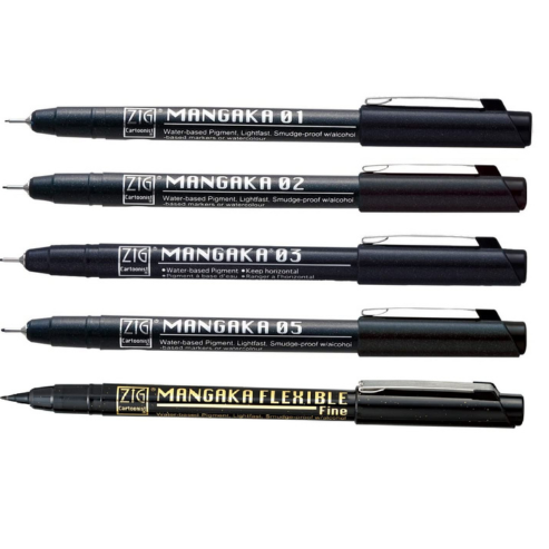 Zig Kuretake CARTOONIST MANGAKA Black 5 set,01,02,03,05,& fine brush pen for art, illustration, lettering, graphic designers, urban artists, paper crafters, AP-Certificated, Made in Japan