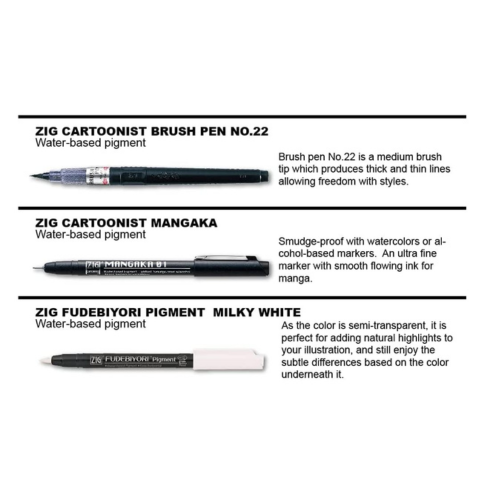 Zig KURETAKE Special Set, Illustration Basic Set, 2 Black Markers and 1 White Brush Pen [CBK-55P,CNM-05,BP-22] for Manga Drawing, Lettering and Calligraphy, Professional Artist Quality.