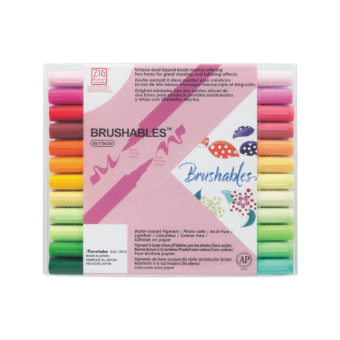 Zig BRUSHABLES 24 COLOURS set,MS-7700/24V CALLIGRAPHY MARKER PEN, Twin brush tips,Waterproof when dry, No mess,Photo-Safe,Acid Free,Lightfast,Odourless,Xylene Freeing,Archival Quality,Made in Japan