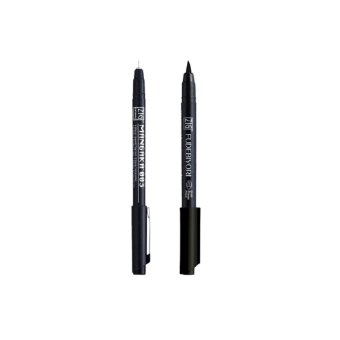 Zig KURETAKE Special Set, Illustration Basic Set 2 Black Markers [CNM-003,CBK-55N] for Manga Drawing, Lettering and Calligraphy, Professional Artist Quality