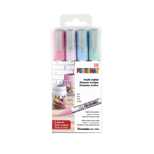 Zig Posterman Waterproof Chalk Marker PMA-20/4VC 4 PASTEL COLOR SET 1mm Fine Tip Made In Japan