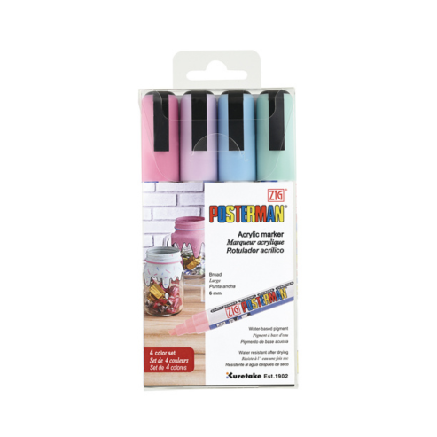 Zig Posterman Acrylic Marker Set – Broad 6mm Tip, 4 Pastel Colors | Water-Based Pigment, Waterproof After Drying | For Glass, Chalkboards, Metal, Plastic & Crafts. Made in Japan