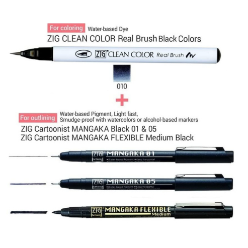 Zig KURETAKE Special Combo Set Clean Color Real Brush Black Color & Mangaka [CNM-005] Fineliner Pens Watercolor Pens for Painting,Calligraphy,Brush Lettering.