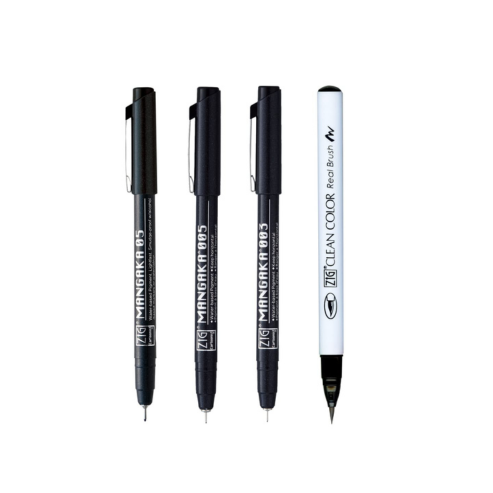 Zig Special Combo Set Clean Color Real Brush Black Color & Mangaka [CNM-003,005,05] Fineliner Pens Watercolor Pens for Painting,Calligraphy,Brush Lettering for Artists and Beginners.