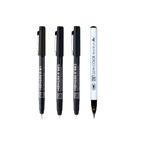 Zig Special Combo Set Clean Color Real Brush Black Color & Mangaka [CNM-003,005,01] Fineliner Pens Watercolor Pens for Painting,Calligraphy,Brush Lettering for Artists and Beginners.