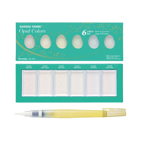KURETAKE GANSAI TAMBI ”Opal Colors” 6 colors set WITH ZIG WATERCOLOR SYSTEM BRUSH2O Detailer COMBO SET
