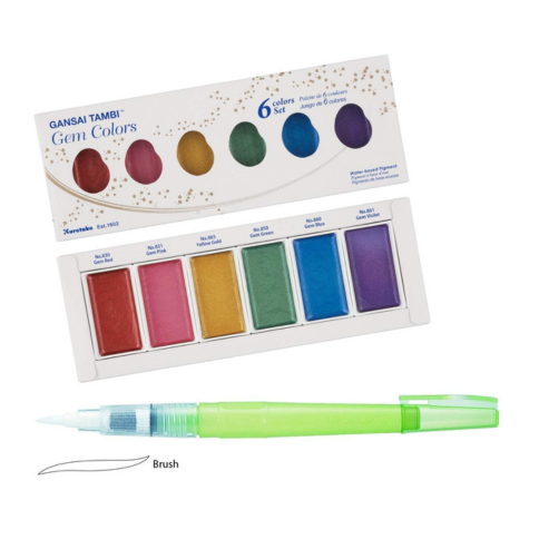 KURETAKE GANSAI TAMBI"Gem Colors" 6 colors set WITH ZIG WATERCOLOR SYSTEM BRUSH2O Medium COMBO SET