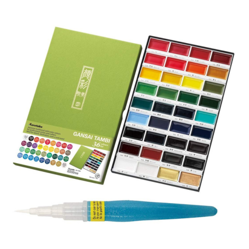 KURETAKE GANSAI TAMBI 36 colors set WITH ZIG WATERCOLOR SYSTEM BRUSH2O Petit COMBO SET