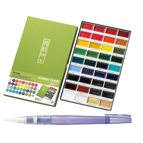 KURETAKE GANSAI TAMBI 36 colors set WITH ZIG WATERCOLOR SYSTEM BRUSH2O Large COMBO SET