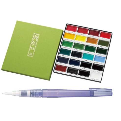 KURETAKE GANSAI TAMBI 24 colors set WITH ZIG WATERCOLOR SYSTEM BRUSH2O Large COMBO SET