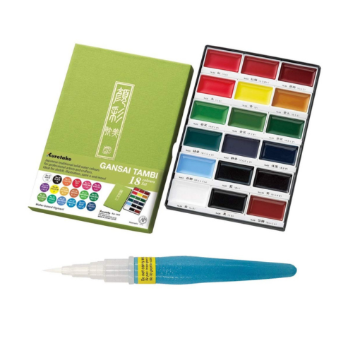 KURETAKE GANSAI TAMBI  18 colors set WITH ZIG WATERCOLOR SYSTEM BRUSH2O Petit COMBO SET