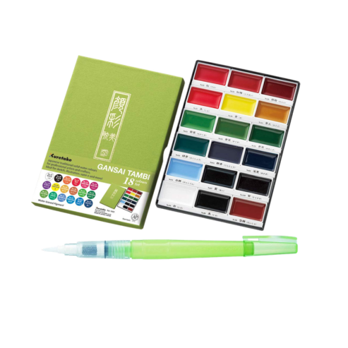 KURETAKE GANSAI TAMBI 18 colors set WITH ZIG WATERCOLOR SYSTEM BRUSH2O Medium COMBO SET
