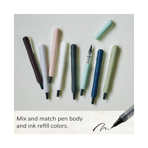 Zig Kuretake Letter Pen COCOIRO, Body with Black Ink Refill Set, Flexible Extra Fine Brush Tip, Refillable marking Pen for Calligraphy, Hand Lettering, Made in Japan (POTTER'S PINK, Black)