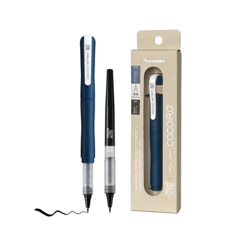 Zig Letter Pen COCOIRO, Body with Black Ink Refill Set, Flexible Extra Fine Brush Tip, Refillable marking Pen for Calligraphy, Hand Lettering, Made in Japan (DEEP BLUE, Black)
