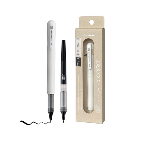 Zig Letter Pen COCOIRO, Body with Black Ink Refill Set, Flexible Extra Fine Brush Tip, Refillable marking Pen for Calligraphy, Hand Lettering, Made in Japan (WHITE, Black)