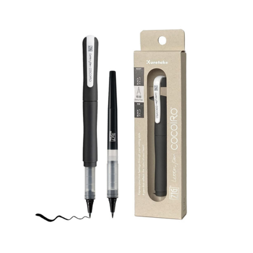 Zig Kuretake Letter Pen COCOIRO, Body with Black Ink Refill Set, Flexible Extra Fine Brush Tip, Refillable marking Pen for Calligraphy, Hand Lettering, Made in Japan (POTTER'S PINK, Black)