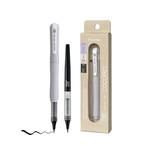 Zig Kuretake Letter Pen COCOIRO, Body with Black Ink Refill Set, Flexible Extra Fine Brush Tip, Refillable marking Pen for Calligraphy, Hand Lettering, Made in Japan (FOG GRAY, Black)