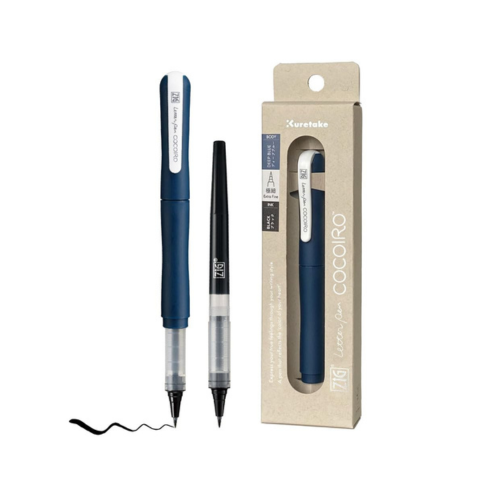 Zig Kuretake Letter Pen COCOIRO, Body with Black Ink Refill Set, Flexible Extra Fine Brush Tip, Refillable marking Pen for Calligraphy, Hand Lettering, Made in Japan (DEEP BLUE, Black)