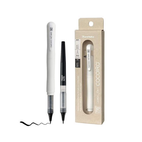 Zig Kuretake Letter Pen COCOIRO, Body with Black Ink Refill Set, Flexible Extra Fine Brush Tip, Refillable marking Pen for Calligraphy, Hand Lettering, Made in Japan (WHITE, Black)