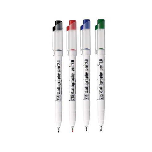 Zig Calligraphy Pen Set – 2.0mm Fine Tip, 4 Colors (Black, Blue, Red, Green) Water-Based Ink for Elegant Hand Lettering, Journaling, Greeting Cards & Art Projects. AP-Certified Japan